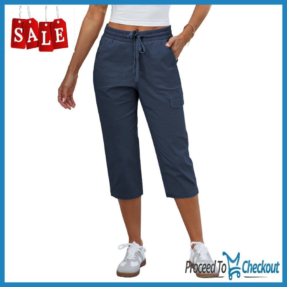 Women's Cotton Capri Pants Elastic Waist Cargo Pockets Casual Summer